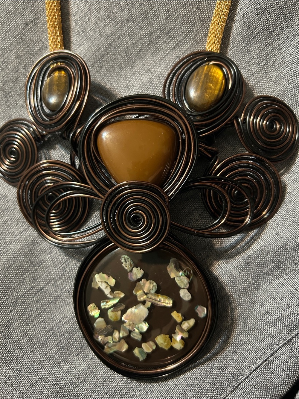 Artisan Handmade Wire Wrapped Tiger's Eye Jasper Abalone Bib Necklace Gold Mesh